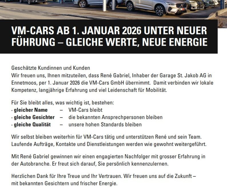 VM Cars ab 1. Januar 2026 unter neuer Führung